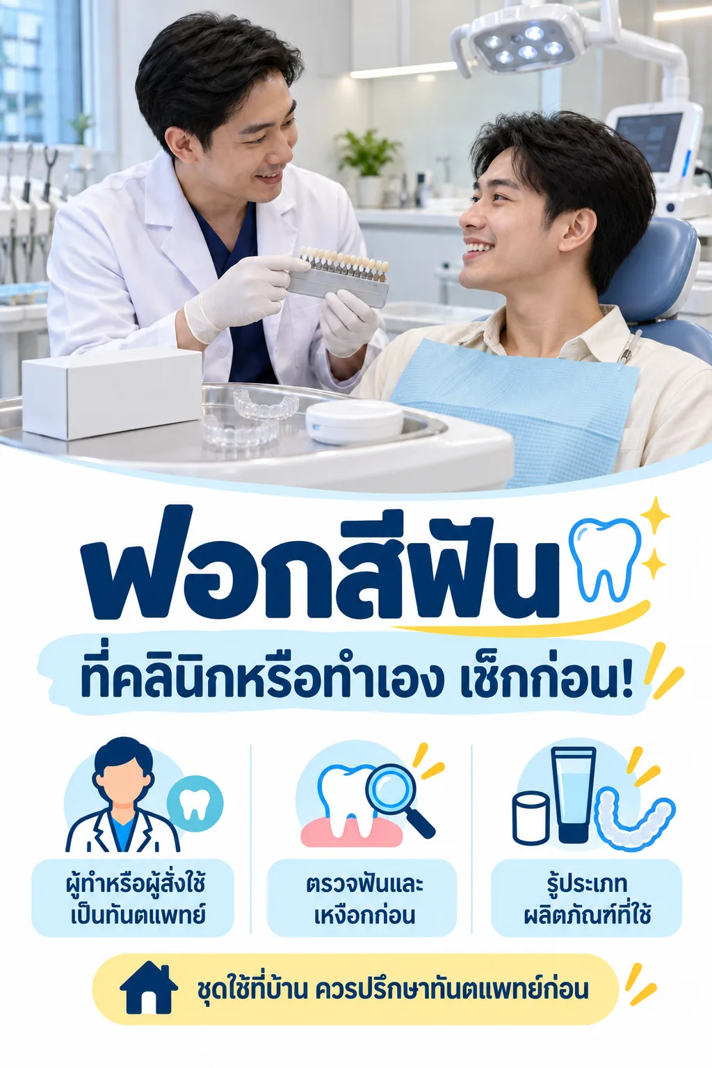 ภาพทันตแพทย์ให้คำปรึกษาผู้รับบริการชาย พร้อมเช็กลิสต์ก่อนฟอกสีฟัน ได้แก่ ตรวจสอบผู้ทำ ตรวจฟันและเหงือก และรู้ประเภทผลิตภัณฑ์ที่ใช้