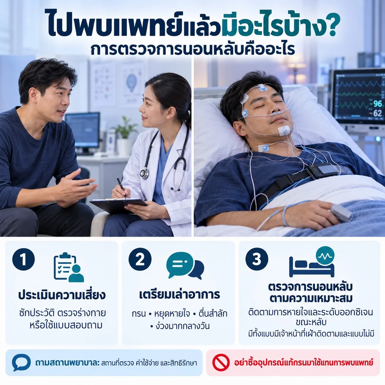 ภาพชายปรึกษาแพทย์และติดอุปกรณ์ตรวจการนอนหลับ อธิบายการประเมินความเสี่ยง การเตรียมเล่าอาการ และการติดตามการหายใจกับระดับออกซิเจนขณะหลับ